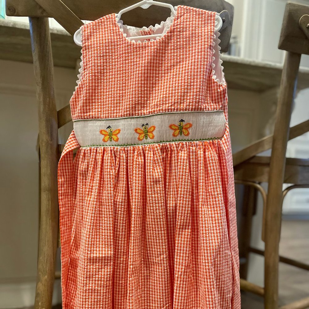 Orange and White Gingham Smocked Dress - Girls Size 6